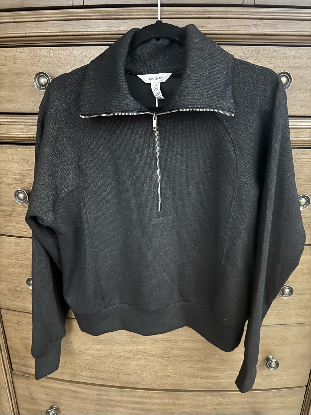 Spanx Black Half-Zip Sweatshirt with Gold Shimmer